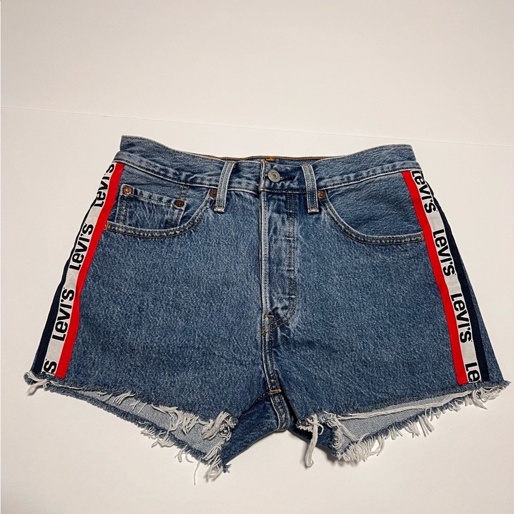 Levis 501 Sport Tape Hi-Rise Cutoff Button Fly Denim Blue Jean Shorts Women S 26